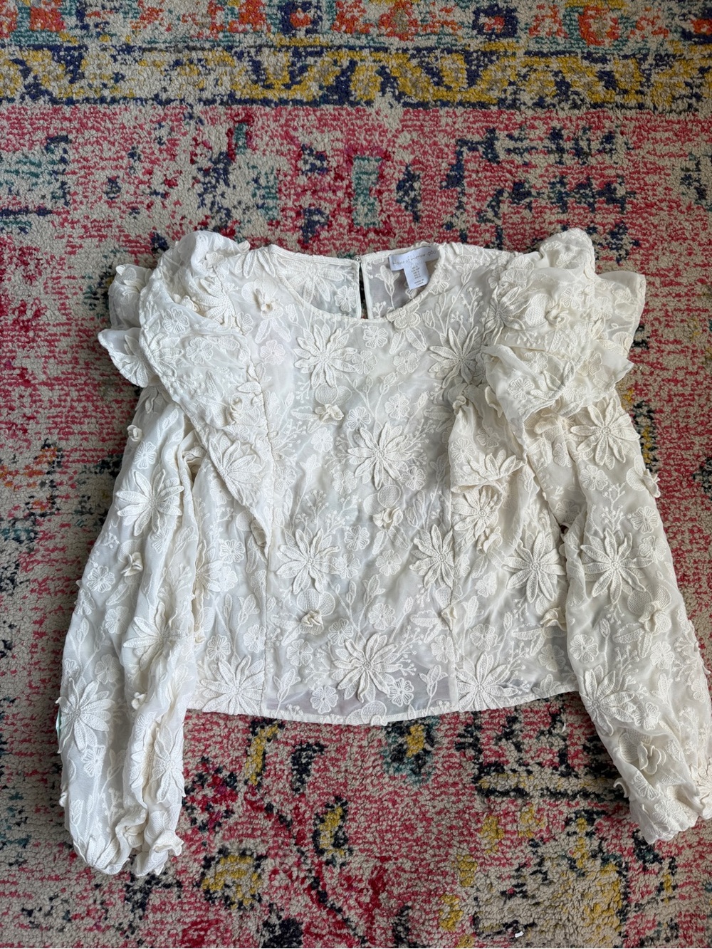 HOUSE OF HARLOW Embroidered Puff-Sleeve Cream Women's Top